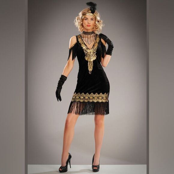 💜Black & Gold Flapper Costume Dress Small - Picture 1 of 16